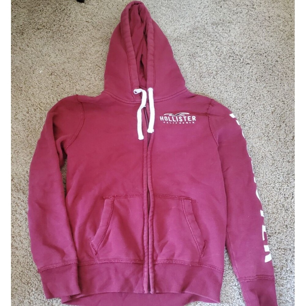 Hollister Womens XS Full Zip Hoodie Sweatshirt Maroon Burgundy Sleeve Spellout